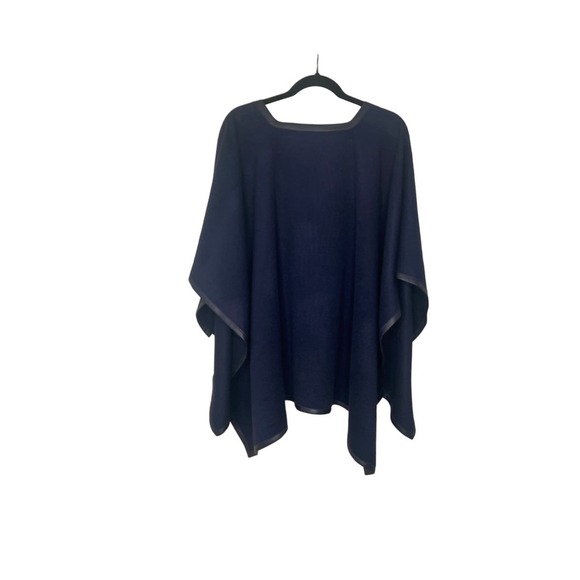 Stick & Ball Navy Blue Baby Alpaca Lambskin Leather Trimmed Poncho NWT $425.00 - Picture 7 of 15